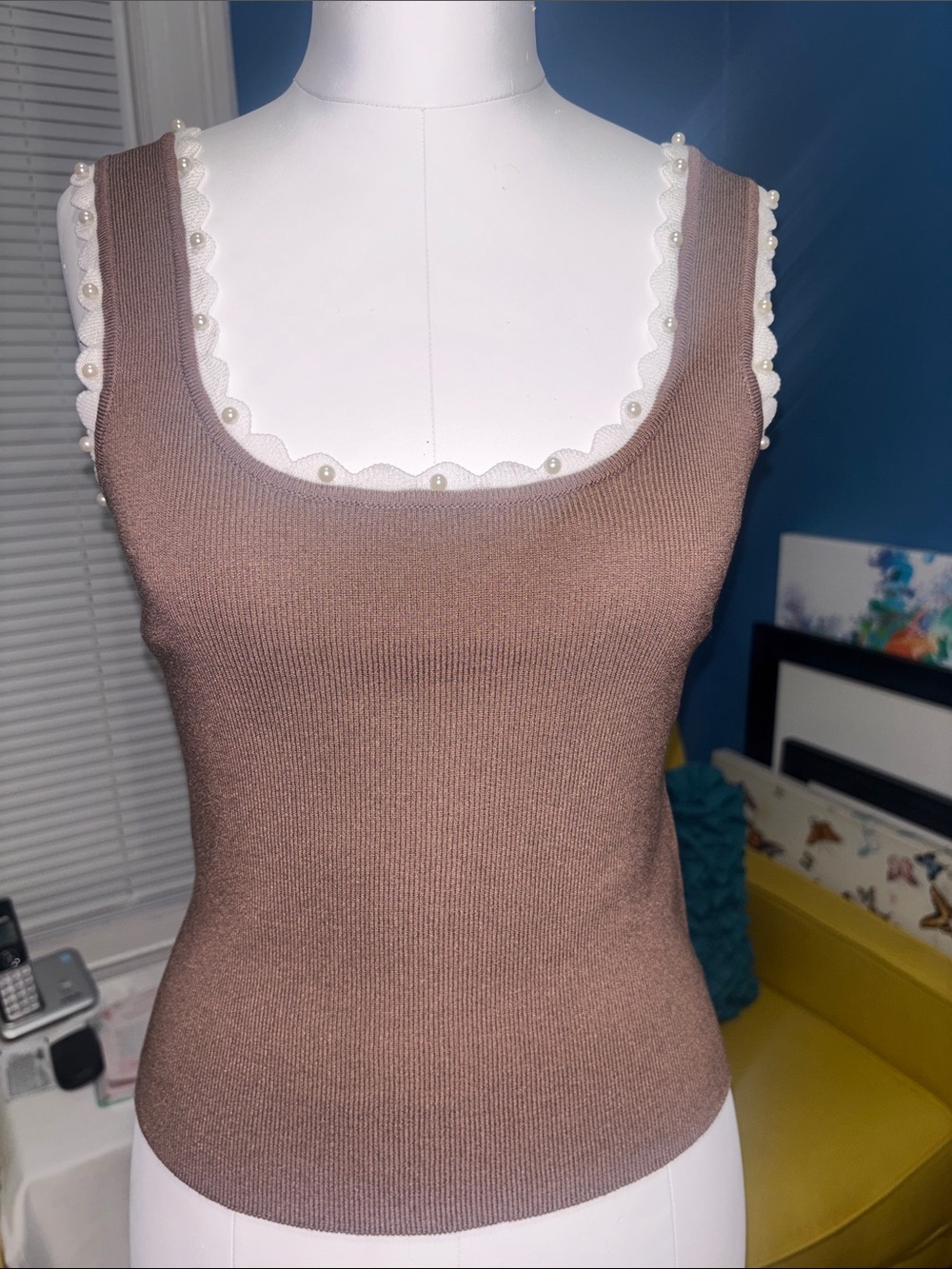 Love Tree Brown Scoop Neck Tank with Pearl  Trim